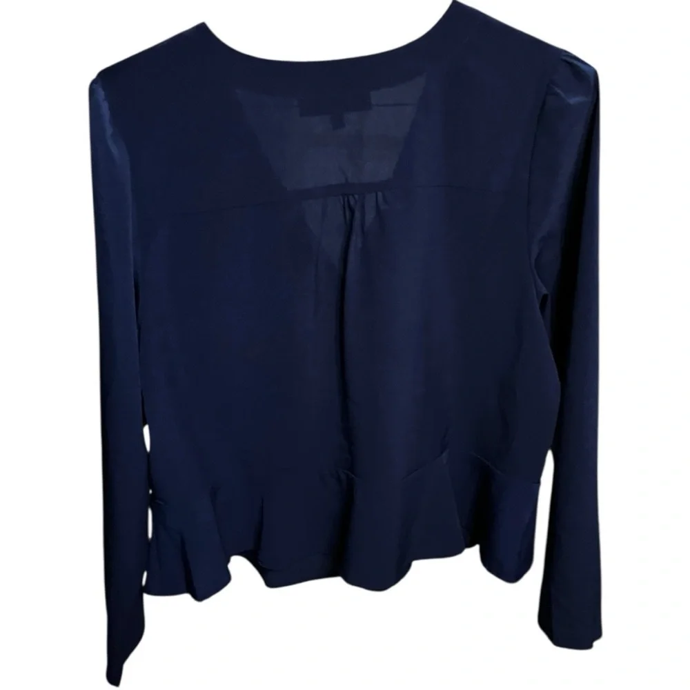 Eloquii Pintuck V Neck Button Peplum Long Sleeve Navy Blue Blouse Size 16